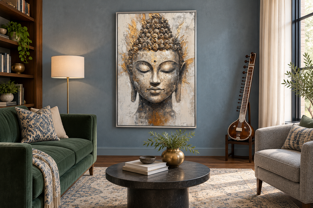 Gold and silver Buddha portrait abstract Zen wall decor in a silver frame on a blue wall.