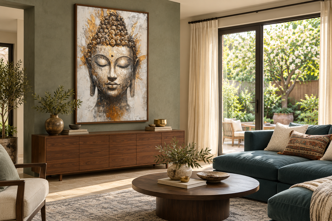 Gold and silver Buddha portrait abstract Zen wall decor in a walnut frame above a wooden sideboard.