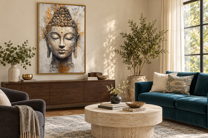Gold and silver Buddha portrait abstract Zen wall decor in a gold frame above a wooden sideboard.