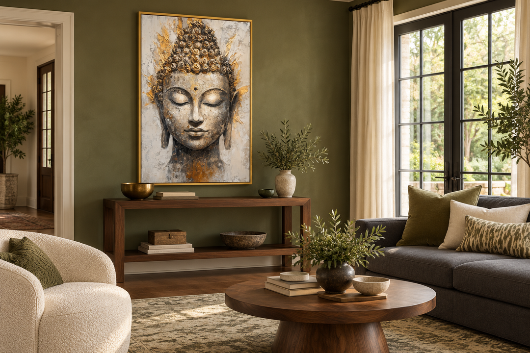 Gold and silver Buddha portrait abstract wall art in a gold frame on an olive green wall.