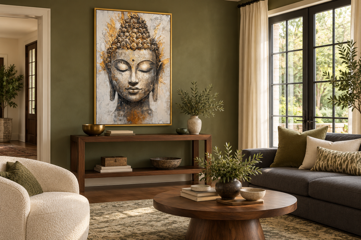 Gold and silver Buddha portrait abstract wall art in a gold frame on an olive green wall.