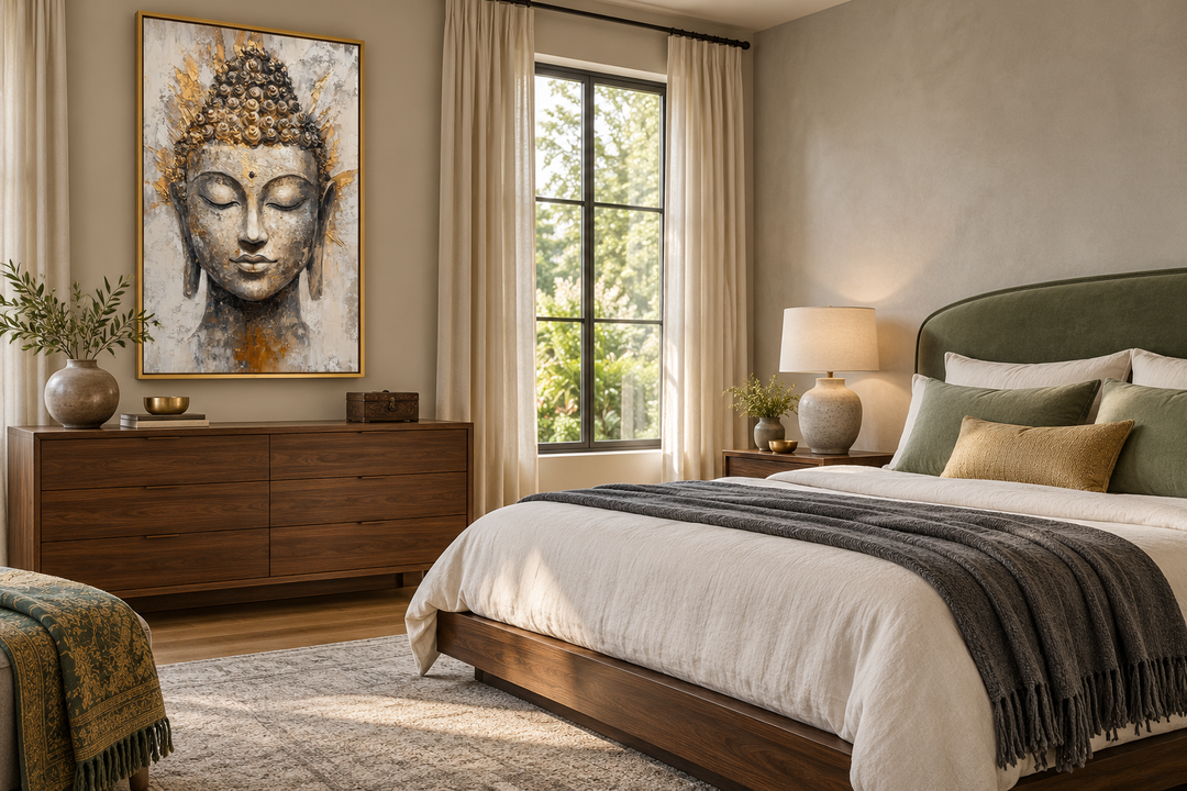 Gold and silver Buddha portrait abstract wall art in a gold frame above a wooden dresser.