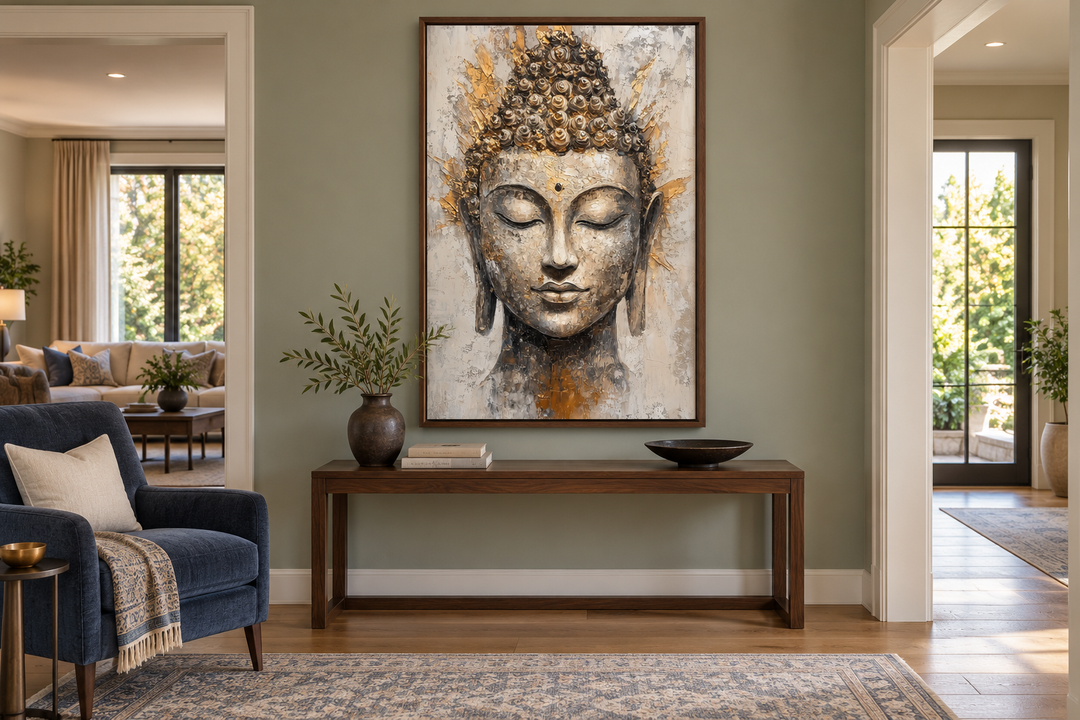 Gold and silver Buddha portrait abstract wall art in a dark wood frame above a console table.