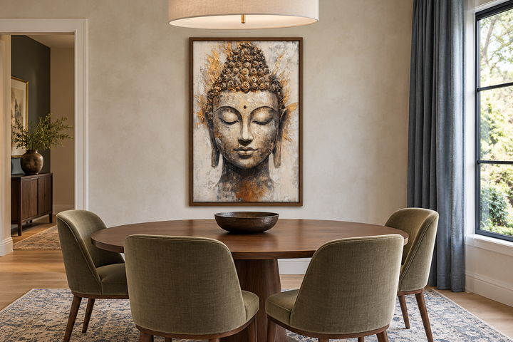Gold and silver Buddha portrait abstract Zen wall decor in a walnut frame above a dining table.