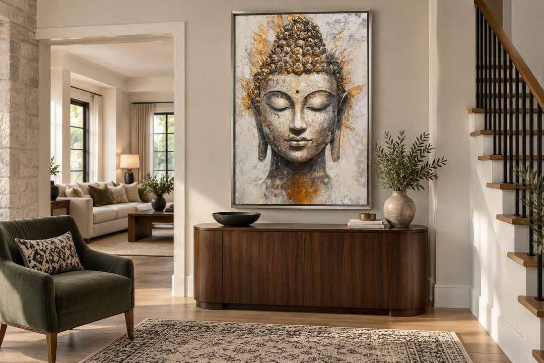 Gold and silver Buddha portrait abstract Zen wall decor in a silver frame above a wooden sideboard.