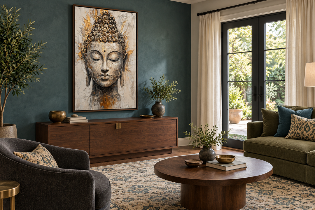 Gold and silver Buddha portrait abstract wall decor in a walnut frame on a dark teal wall.