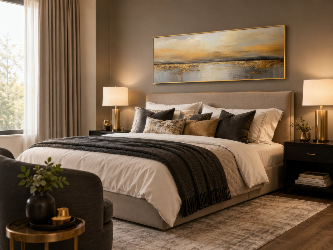 Long horizontal gold and silver abstract ocean sunset wall art hanging above a bed in a bedroom.