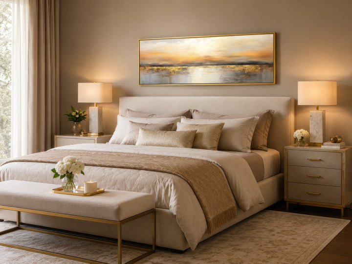 Gold and silver ocean sunset long horizontal wall art in a gold frame above a beige bed.