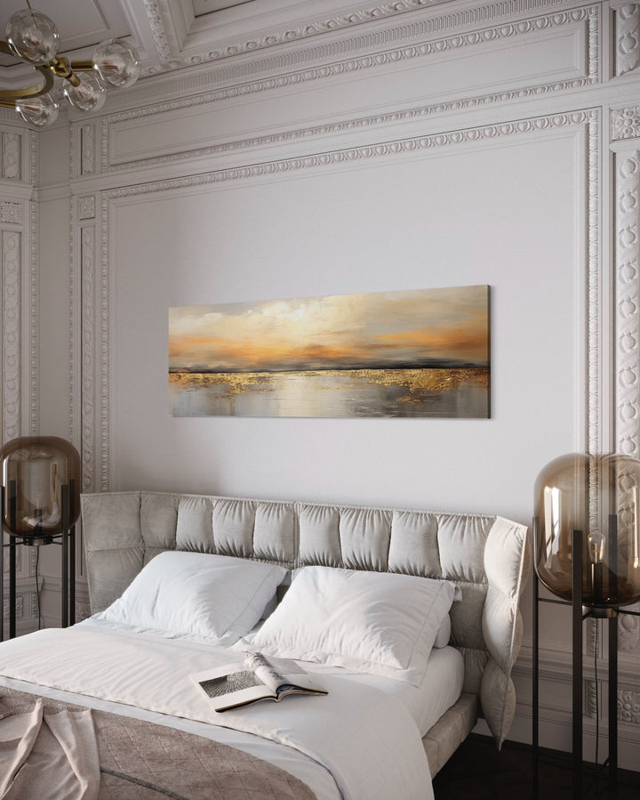 Gold And Silver Ocean Sunset Long Horizontal Above Couch Or Bed Wall Art