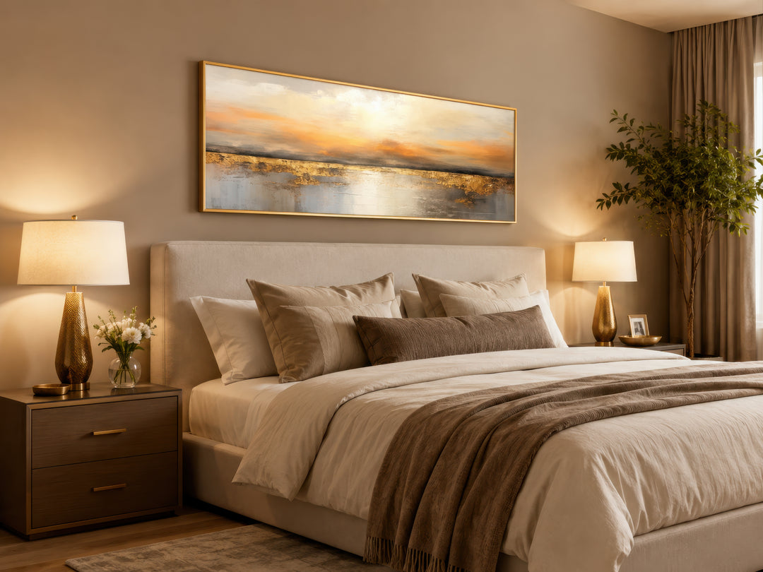 Gold and silver ocean sunset long horizontal wall art hanging above a bed in a neutral bedroom.