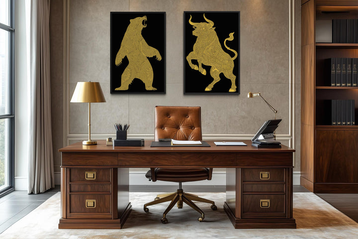 Gold Bear and Bull wall art set of 2 featuring black and gold canvas prints in a modern office.