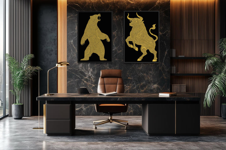 Gold Bear and Bull wall art set of 2 featuring intricate gold figures on black canvas.
