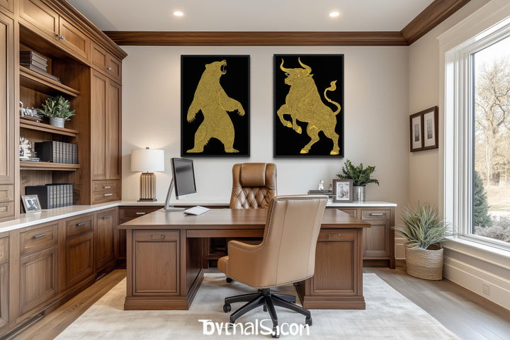 Two vertical black and gold canvas prints of a bear and a bull hang in a modern wood-paneled office.