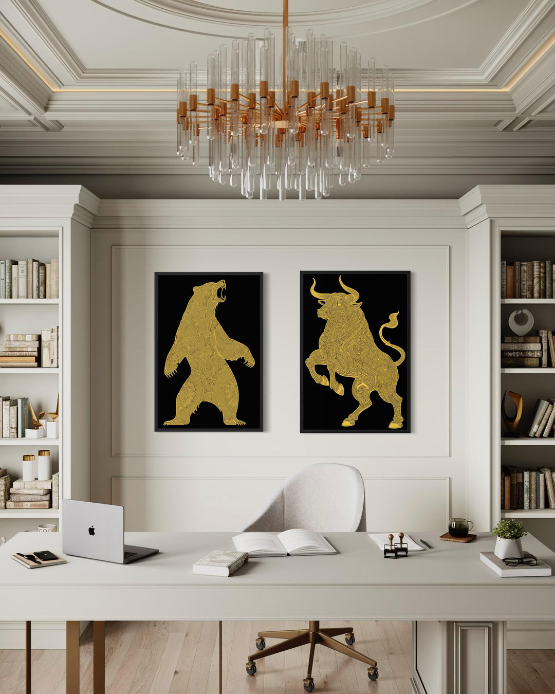Two black and gold canvas prints of a bear and a bull hang in a modern, elegant office.