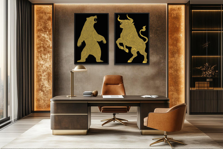 Two black and gold canvas prints of a bear and a bull hanging in a modern, luxury office.