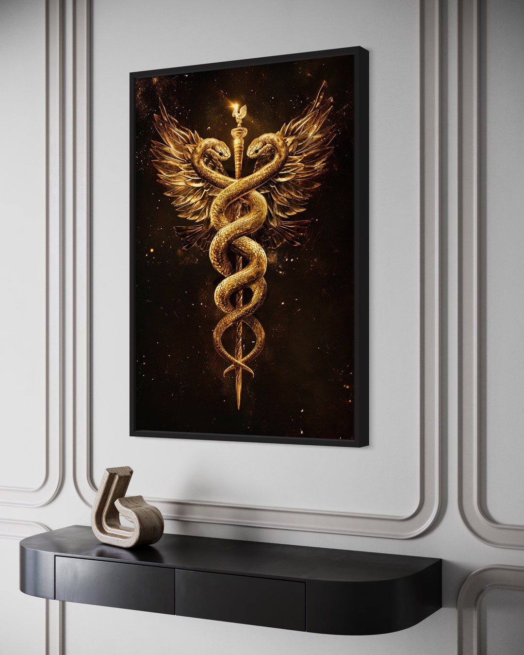 Gold Black Caduceus Framed Canvas Wall Art