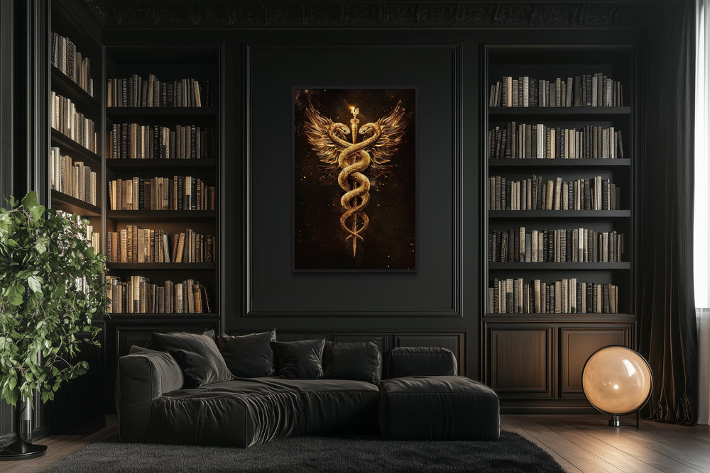 Gold Black Caduceus Framed Canvas Wall Art