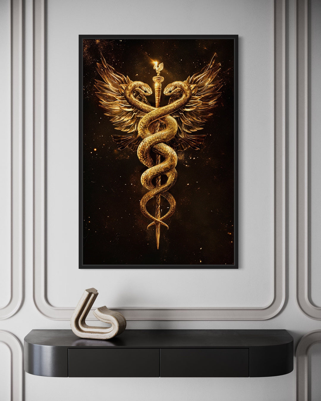 Gold Black Caduceus Framed Canvas Wall Art