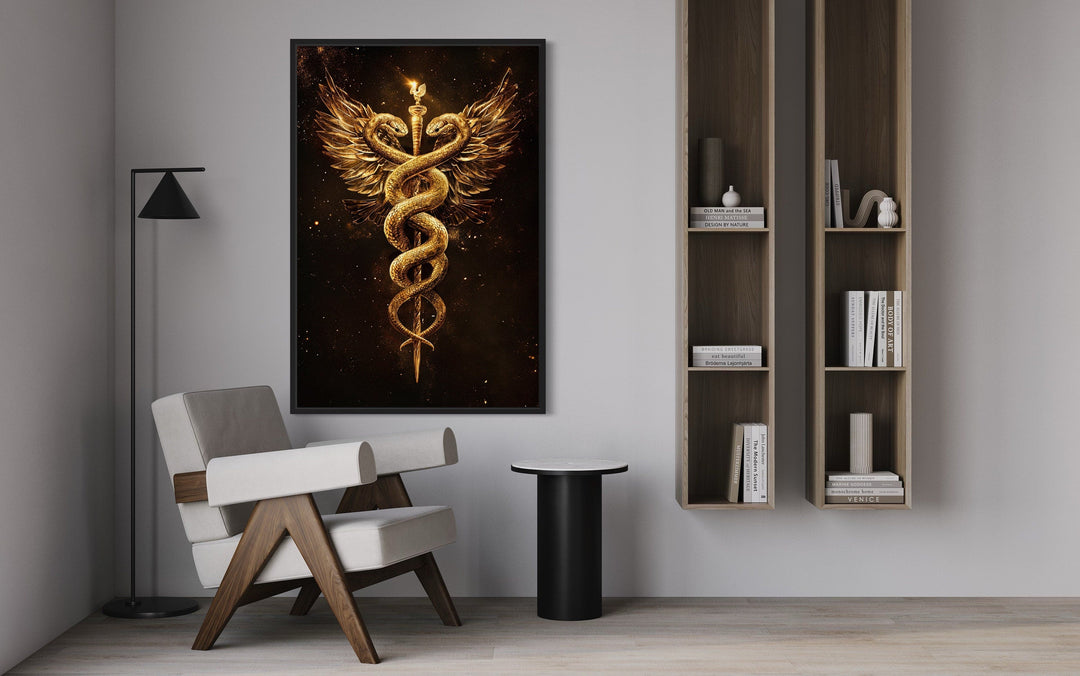 Gold Black Caduceus Framed Canvas Wall Art