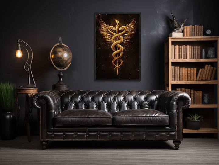 Gold Black Caduceus Framed Canvas Wall Art