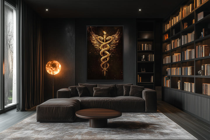 Gold Black Caduceus Framed Canvas Wall Art