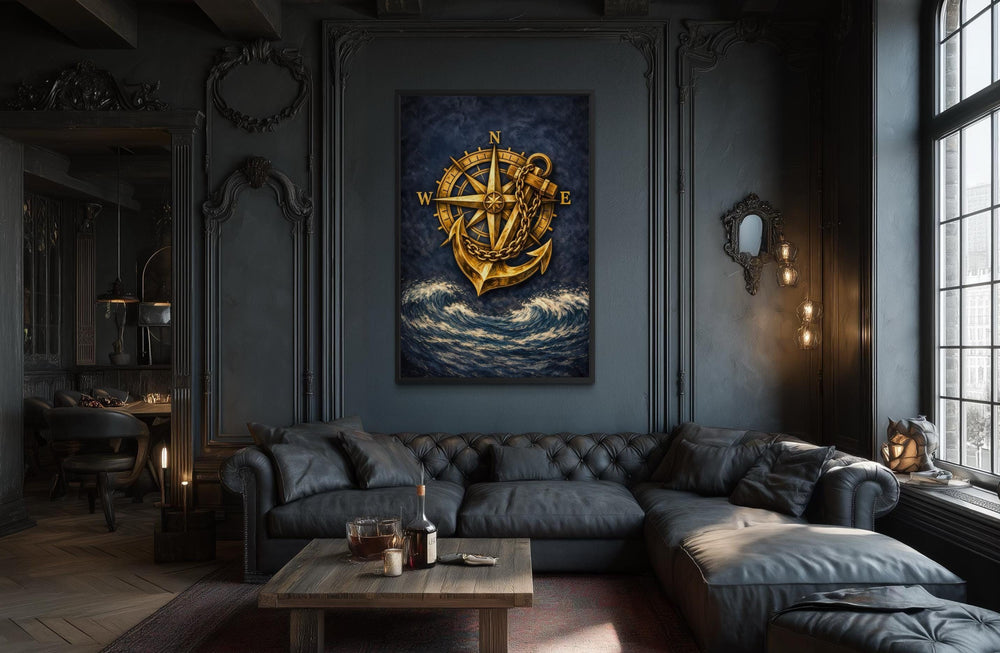 Gold compass and anchor canvas wall art above a black sofa in a dark, moody nautical-themed room.
