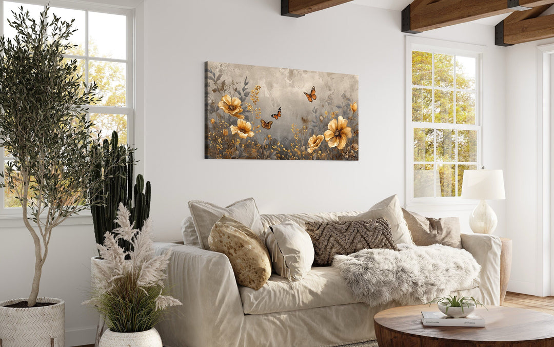 Gold Flowers And Butterflies Framed Canvas Wall Art For Living Room