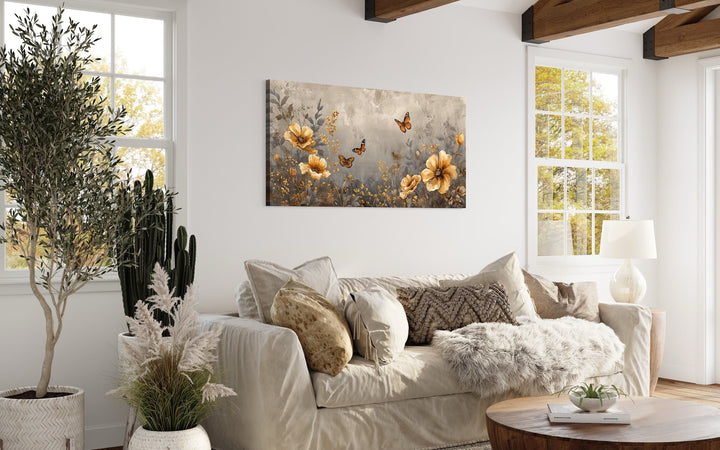 Gold Flowers And Butterflies Framed Canvas Wall Art For Living Room