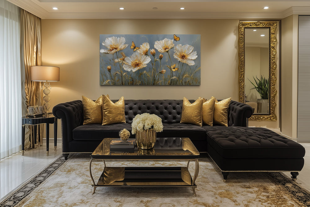 Gold Flowers And Butterflies Framed Canvas Wall Art For Living Room