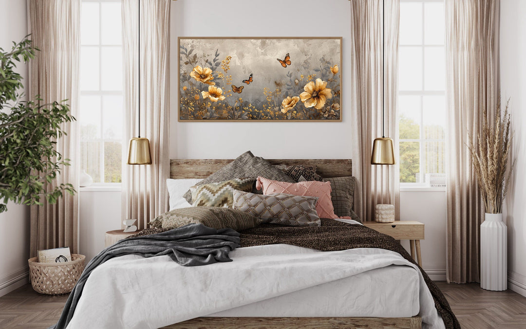 Gold Flowers And Butterflies Framed Canvas Wall Art For Living Room