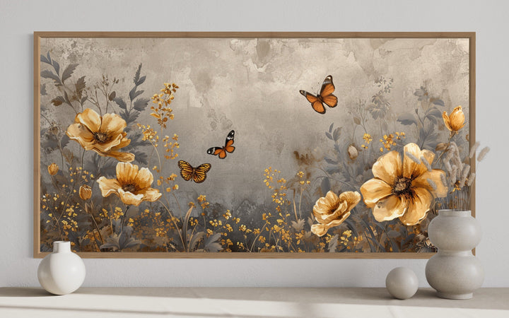 Gold Flowers And Butterflies Framed Canvas Wall Art For Living Room