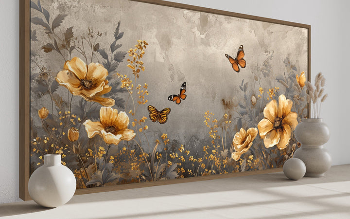 Gold Flowers And Butterflies Framed Canvas Wall Art For Living Room