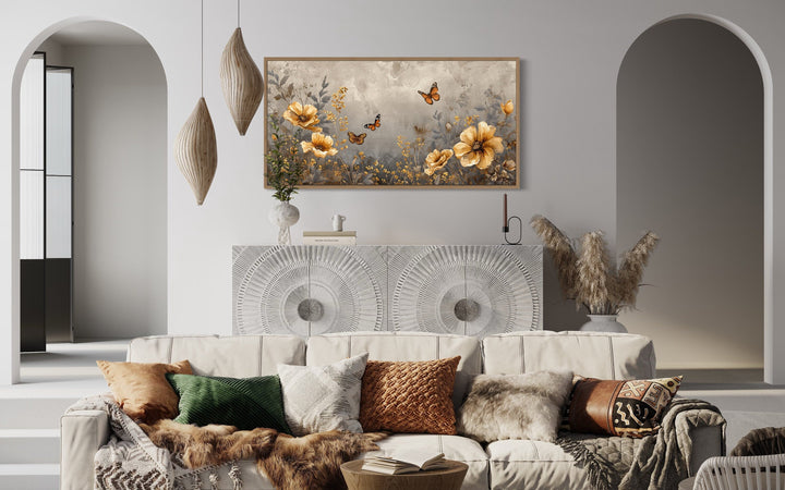 Gold Flowers And Butterflies Framed Canvas Wall Art For Living Room