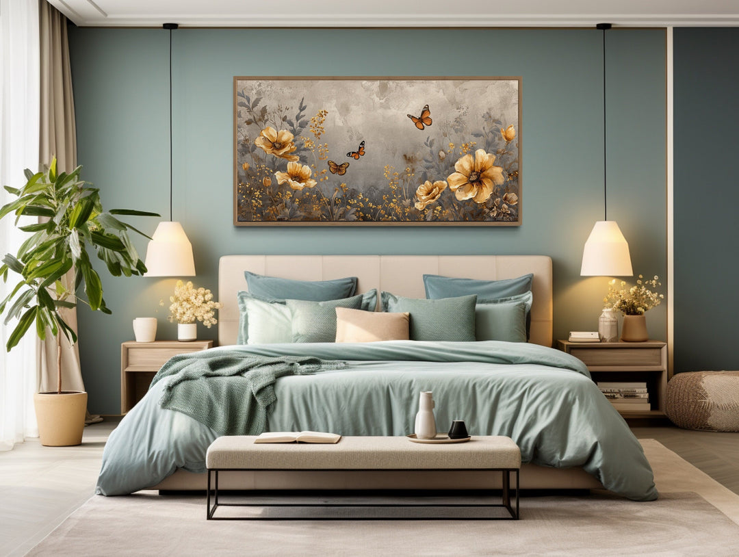 Gold Flowers And Butterflies Framed Canvas Wall Art For Living Room