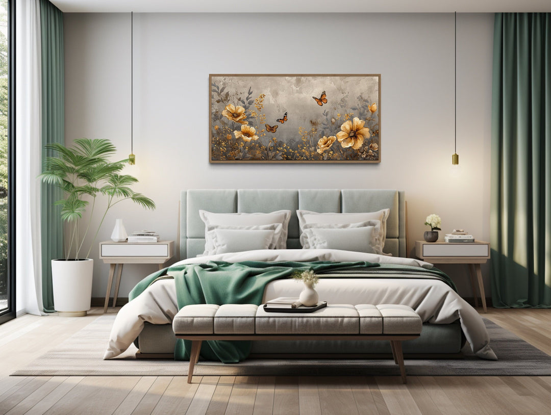 Gold Flowers And Butterflies Framed Canvas Wall Art For Living Room