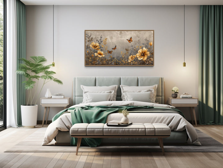 Gold Flowers And Butterflies Framed Canvas Wall Art For Living Room