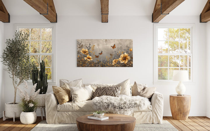 Gold Flowers And Butterflies Framed Canvas Wall Art For Living Room