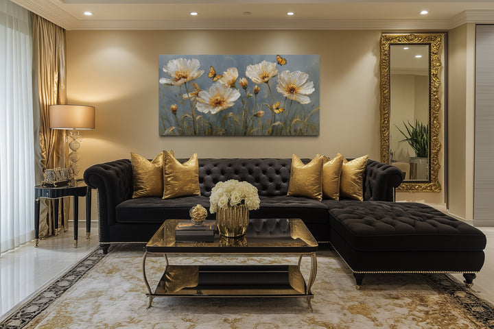 Gold Flowers Wall Art – Framed Floral Print with Butterflies for Living Room Decor