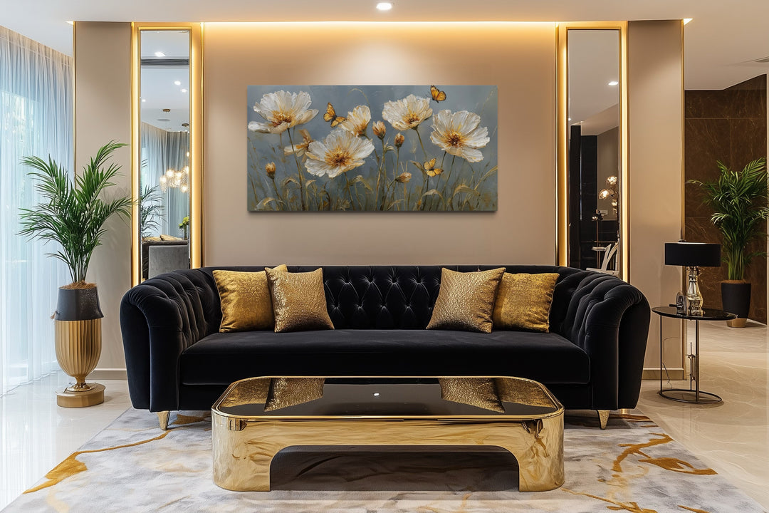 Gold Flowers Wall Art – Framed Floral Print with Butterflies for Living Room Decor