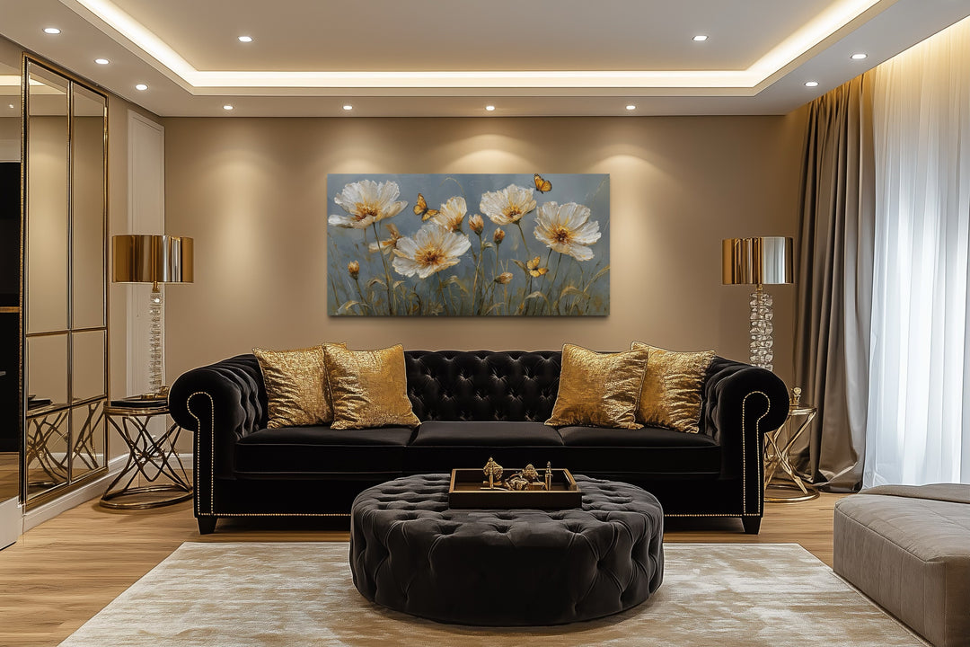 Gold Flowers Wall Art – Framed Floral Print with Butterflies for Living Room Decor