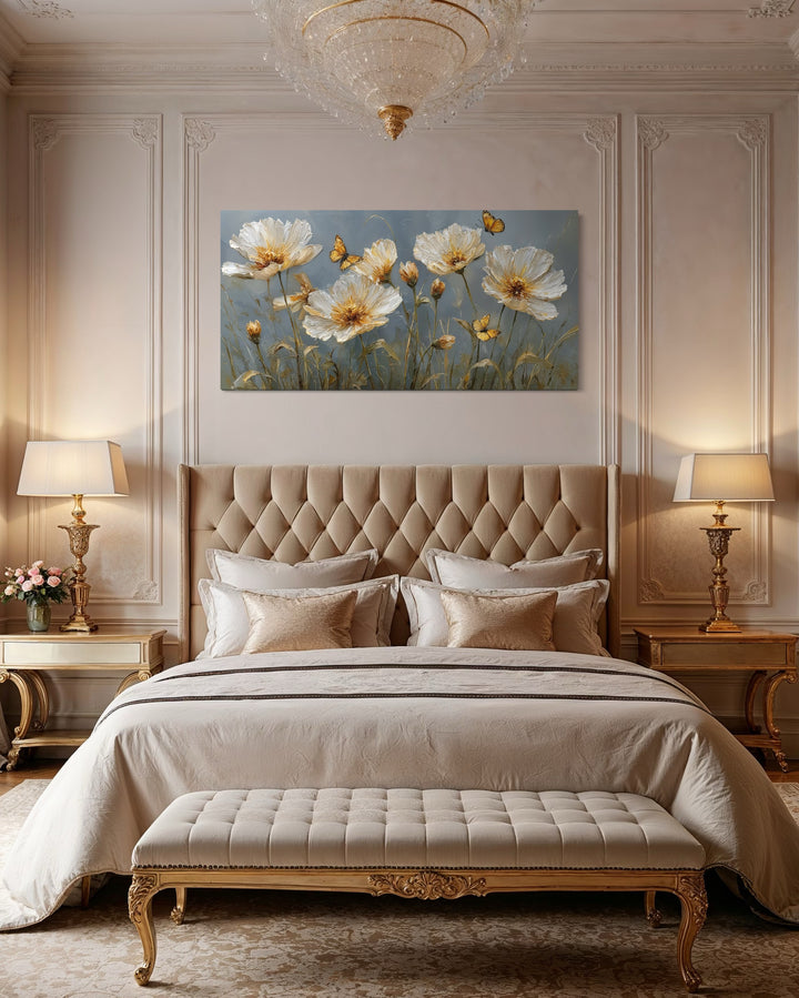 Gold Flowers Wall Art – Framed Floral Print with Butterflies for Living Room Decor