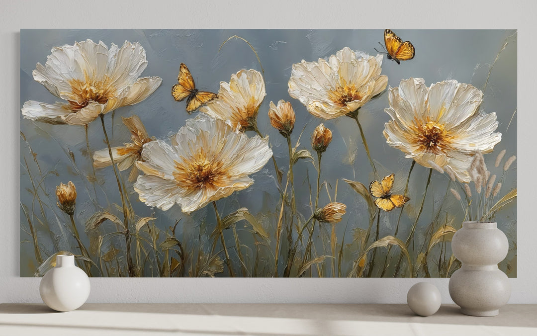 Gold Flowers Wall Art – Framed Floral Print with Butterflies for Living Room Decor