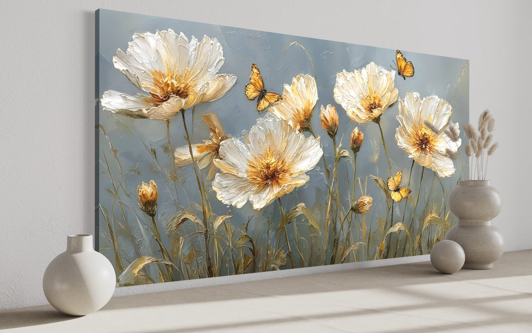 Gold Flowers Wall Art – Framed Floral Print with Butterflies for Living Room Decor