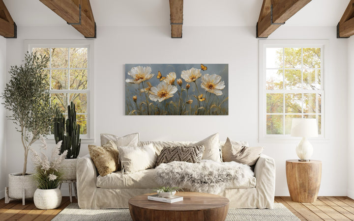 Gold Flowers Wall Art – Framed Floral Print with Butterflies for Living Room Decor