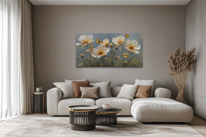 Gold Flowers Wall Art – Framed Floral Print with Butterflies for Living Room Decor