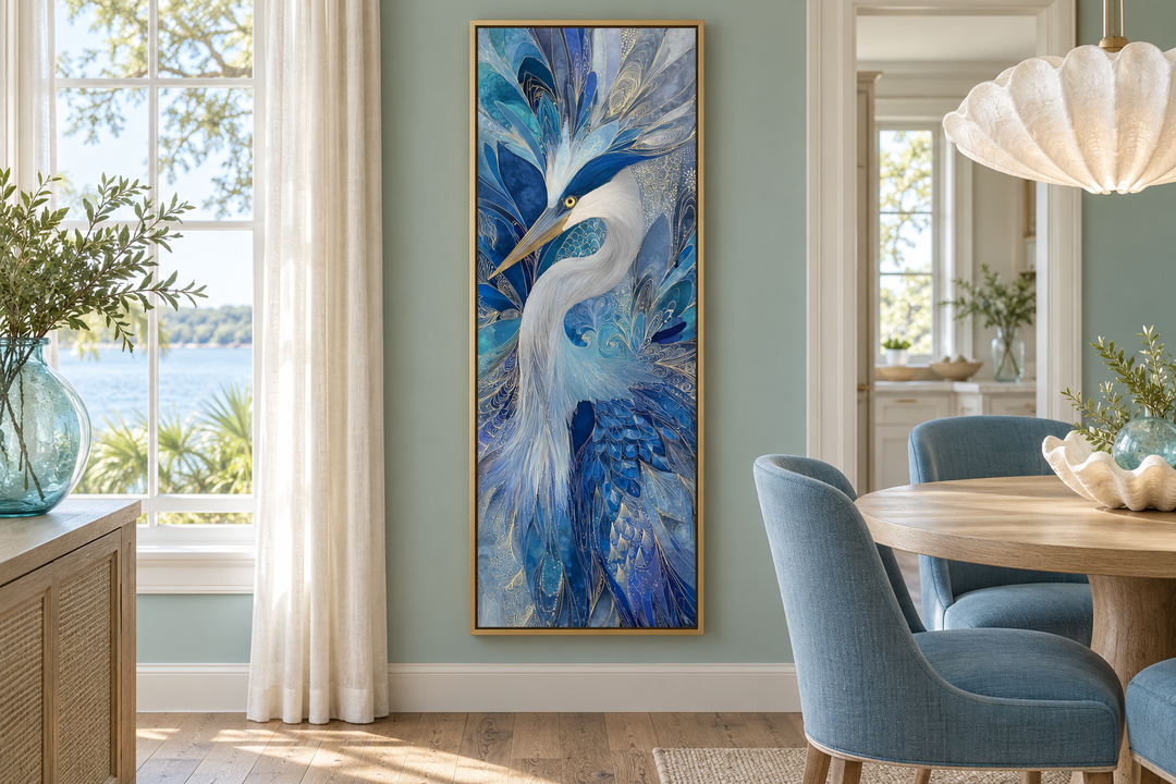 Vertical canvas print of an elegant blue heron with abstract textures in a gold frame.