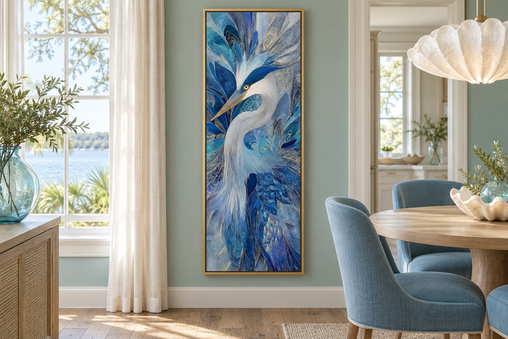 Vertical canvas print of an elegant blue heron with abstract textures in a gold frame.