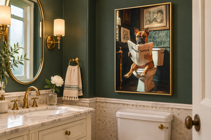 Boxer dog reading a newspaper on a toilet, framed canvas wall art in a green bathroom.