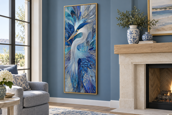 Vertical canvas print of an elegant blue heron with abstract textures in a gold frame on a blue wall.