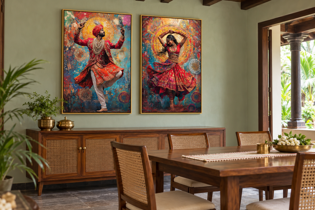 2 piece framed canvas wall art featuring an Indian man and woman in traditional dance poses.